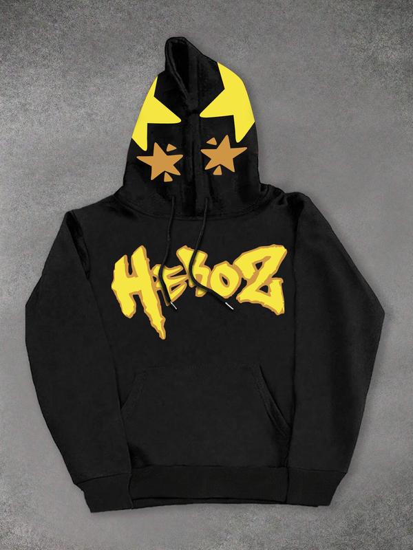 Men's Black HEROZ Graphic Drop Shoulder Hoodie with Yellow Star Hood and Sleeve Details, Streetwear Long Sleeves Top, for Urban Fashion