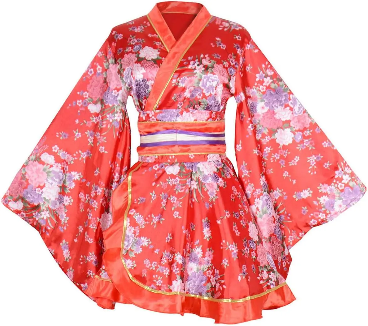 Kimono Costume Adult Japanese Geisha Floral Patten Gown Blossom Bathrobe Sleepwear With Obi Belt