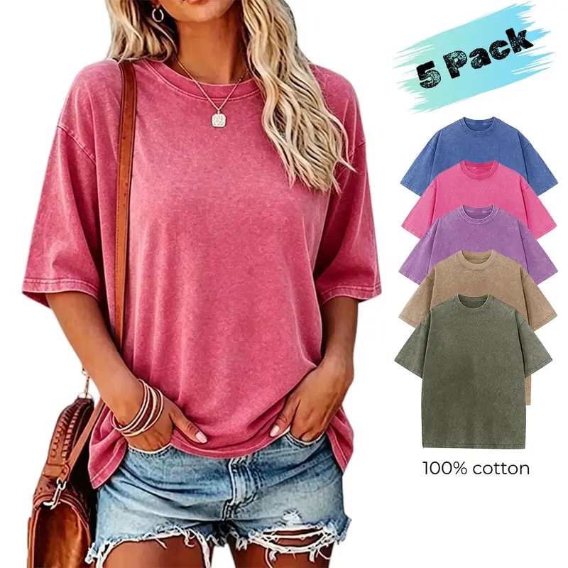 Women's 5-Count Basic Crew Neck T-Shirts - Vintage Casual Washed Distressed Short-Sleeve, Breathable Cotton Skin-Friendly Loose-Fit Tops, Preppy Streetwear for Parties, Pairs with Jeans Shorts