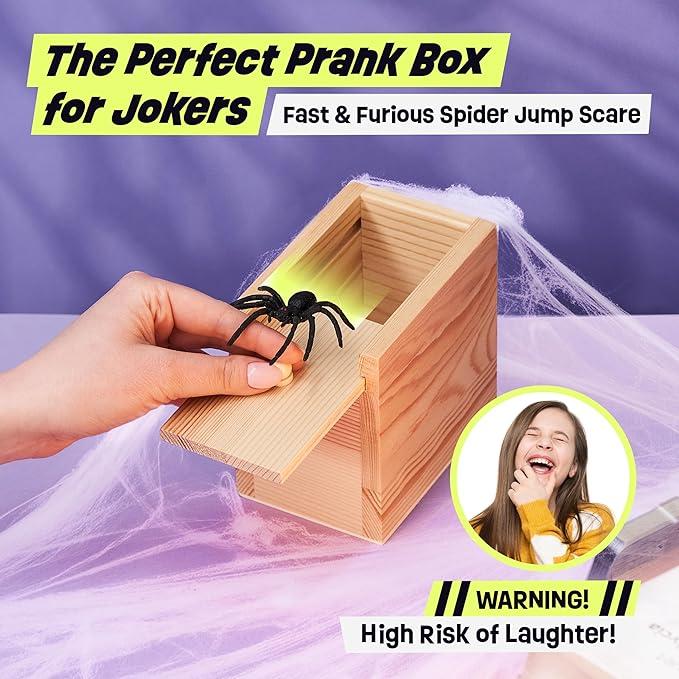The Original Spider Prank Box- Funny Wooden Box Toy Spider Prank, Hilarious April Fools Day, or Birthday Surprise Toy and Gag Gift Practical Joke Bromas Kit