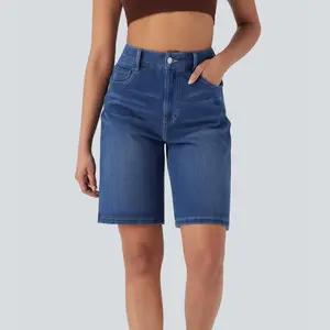 Halara Flex High Waisted Multiple Pockets Washed Stretchy Knit Denim Casual Bermuda Shorts