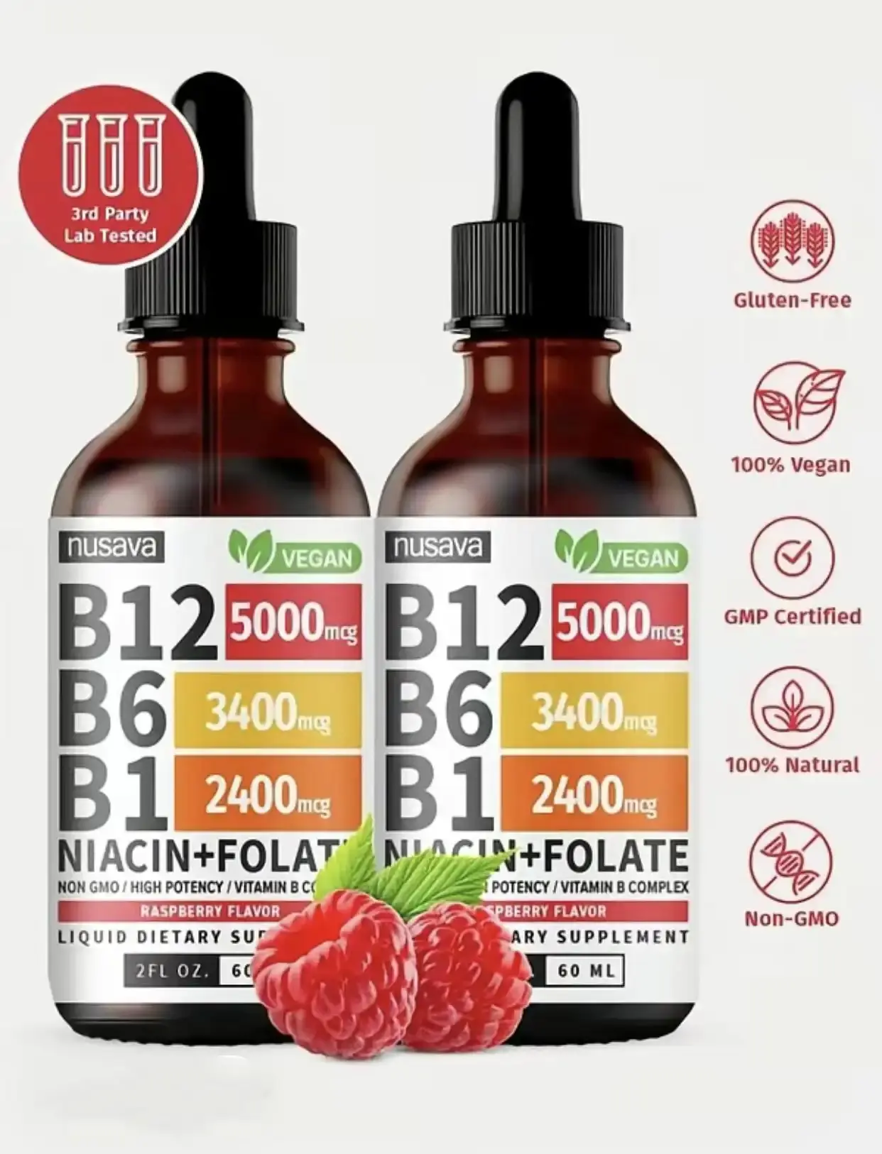 2 Bottles NUSAVA Vitamin B12 Liquid Supplement Drops with B6, B1, Niacin & Folate - Edible Support for Energy, Brain & Heart, Non-GMO & Gluten-Free, 4 Fl Oz Fitness Dietary