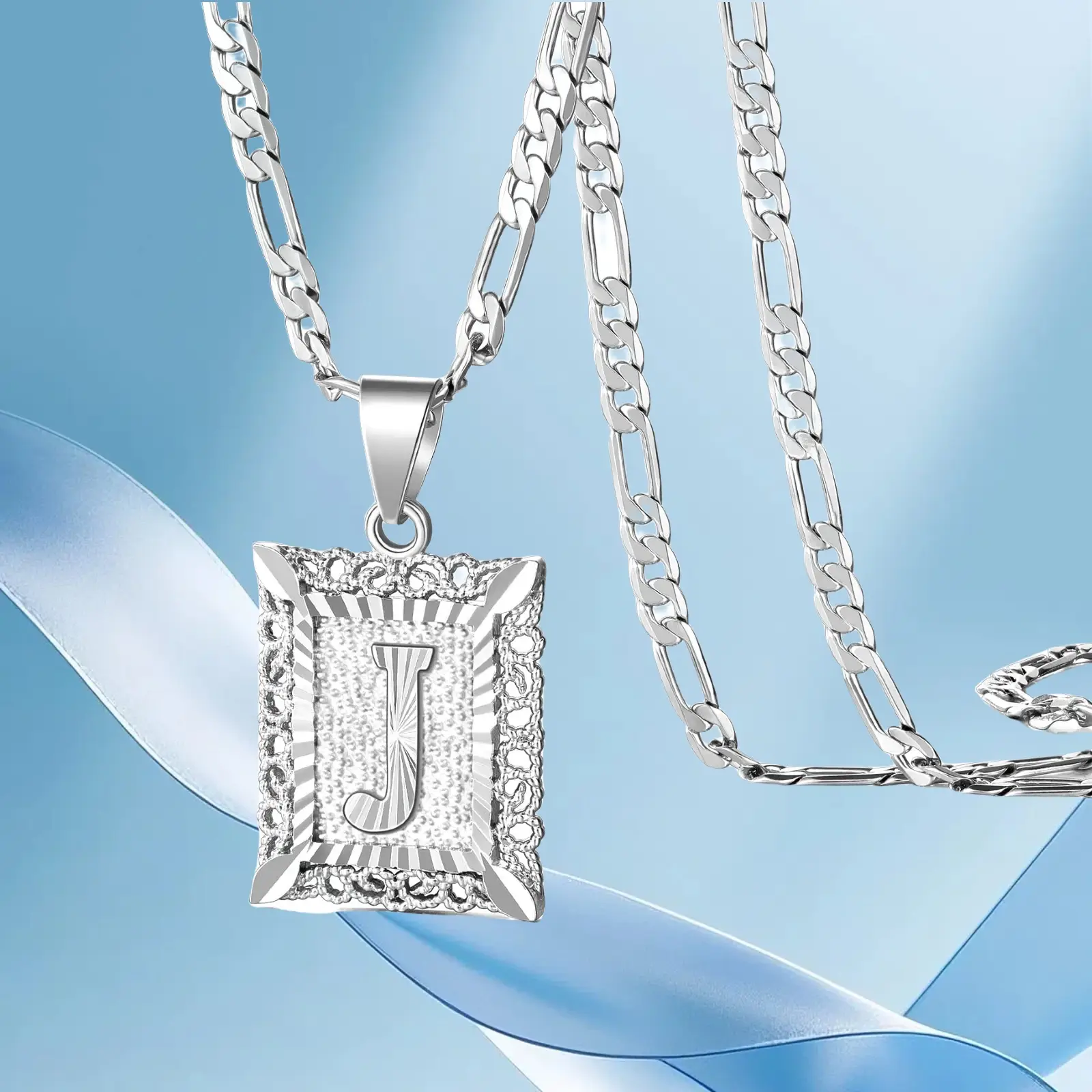 Figaro KissYan Initial Letter Pendant Necklace for Men & Womens Platinum Gold Plated Square Capiton Necklace - 50cm Chain, 2.3cm Pendant