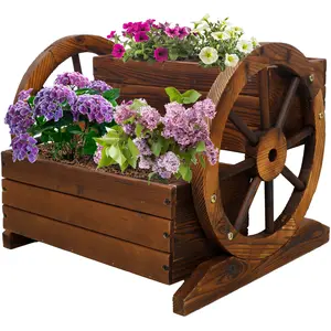 SAVEYOUR  Wooden Wagon Planter Box with Rolling Wheels, Retro Flower Herb Vegetable Planter Cart, Indoor Outdoor Decor for Patio Garden Balcony