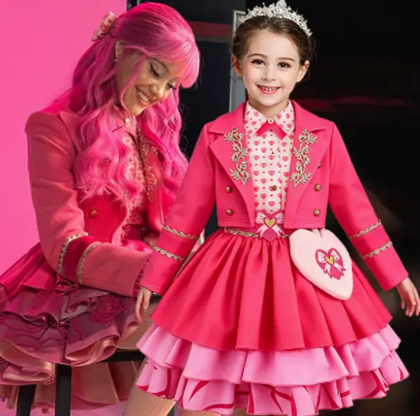 Girls Pink Descendants Cosplay Costume Set, Kids Movie Character Outfit Long Sleeve Jacket Tiered Ruffle Dress with Heart Bag, Children Halloween Party Performance Fancy Dress, Plus Size Available