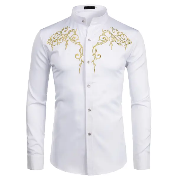 ZEROYAA Men's Cowboy Soft Western Stylish Band Collar Embroidery Slim Fit Long Sleeve Casual Dress Shirt Top, Business, Button