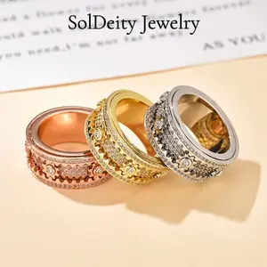 Trendy Delicate Carved Gear Ring with Full Zircon Setting for Men Women Spinning Glamour Fidget Jewelry Interactive Outer Ring Independent Gear Rotation