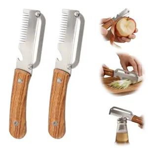 Multi-Functional Vegetable Peeler, 3-In-1 Potato Peeler with Wooden Handle, Garlic Slicer with Bottle Opener, Kitchen Tool for Vegetables and Fruits