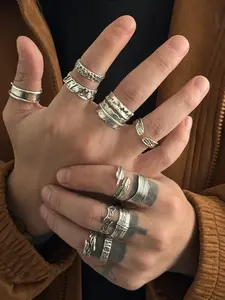 12-Piece Vintage Feather Texture Ring Set, Statement Rings, Vintage Stack, Dark Punk Retro Joint Rings, Festival Gift, Streetwear Fashion Jewelry