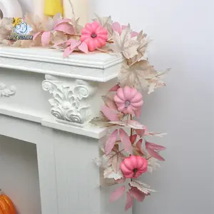 Fall Garland Artificial Maple Leaves Garland with Pink Pumpkins Hanging Decor for Thanksgiving Halloween Holiday Party