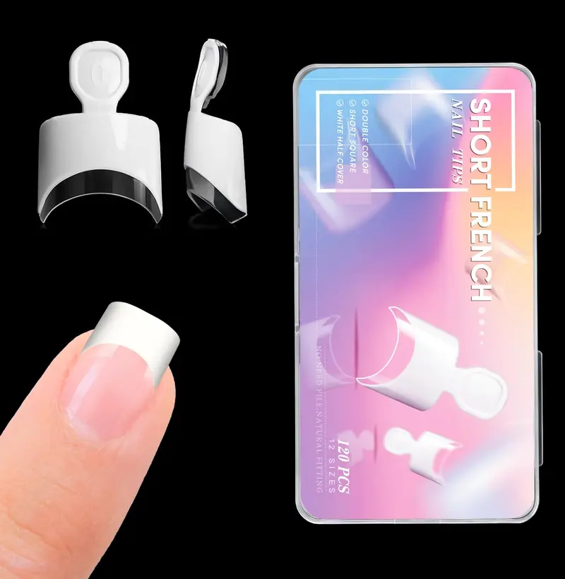 Short French Nail Tips – 120PCS White Acrylic Half Cover False Nails, 12 Sizes Square Nail Tips with Case for DIY Nail Extensions