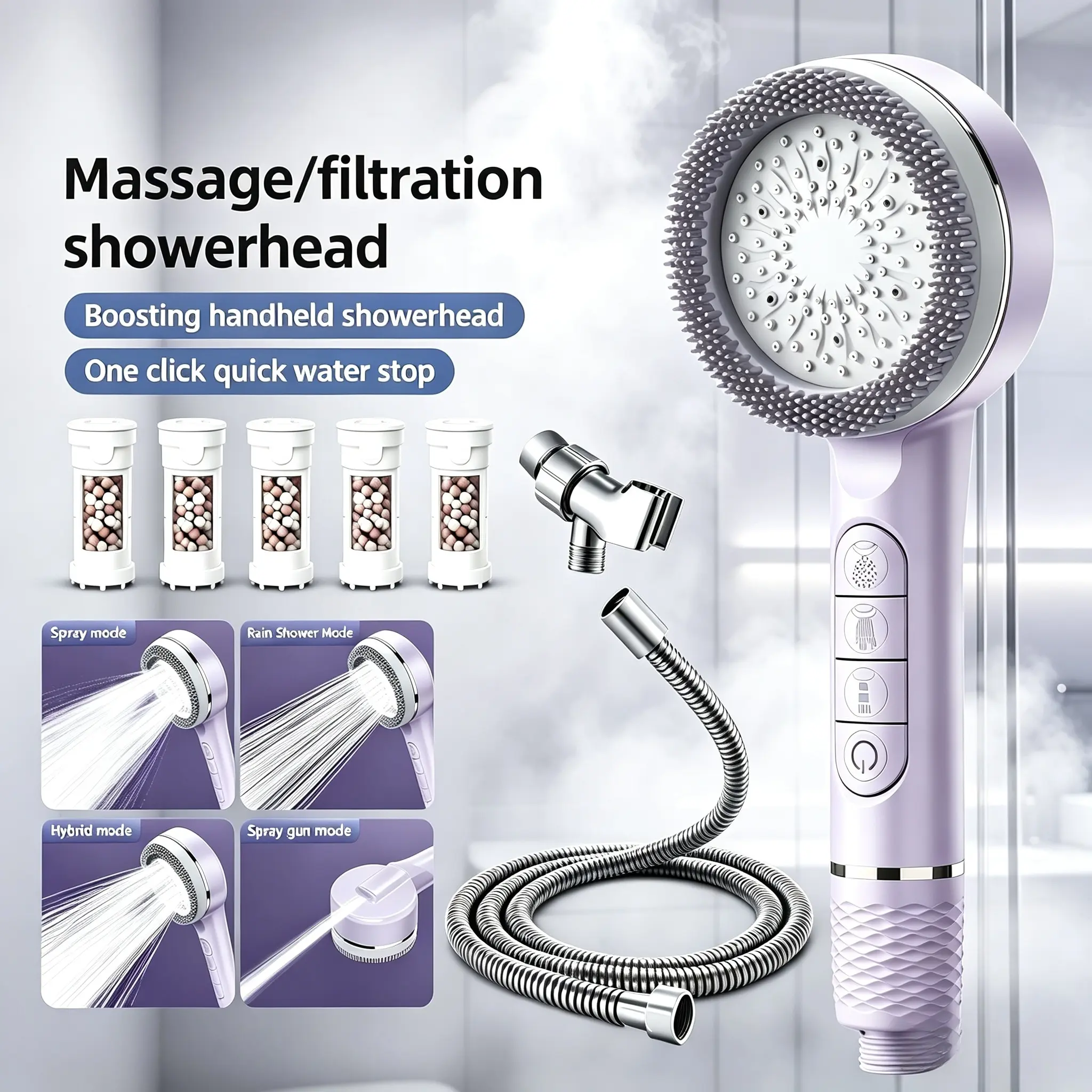 Shower Head, Handheld Shower Combination, Wall-mounted, With Bracket/hose And DirT Removal Water Filter, Handheld Massage Function, 4+1 Modes Can Be Adjusted, Comfortable To The Skin, Gentle Decontamination.