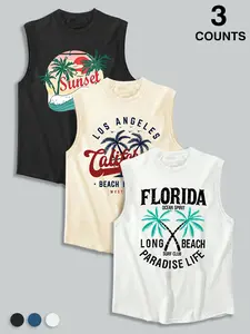 Bestselling Summer Men's Casual Fitted Sleeveless Tank Top, Tropical Coconut Tree Letter Graphic Print, Outdoor Sports Wear, Daily Versatile, 3 Pieces Set