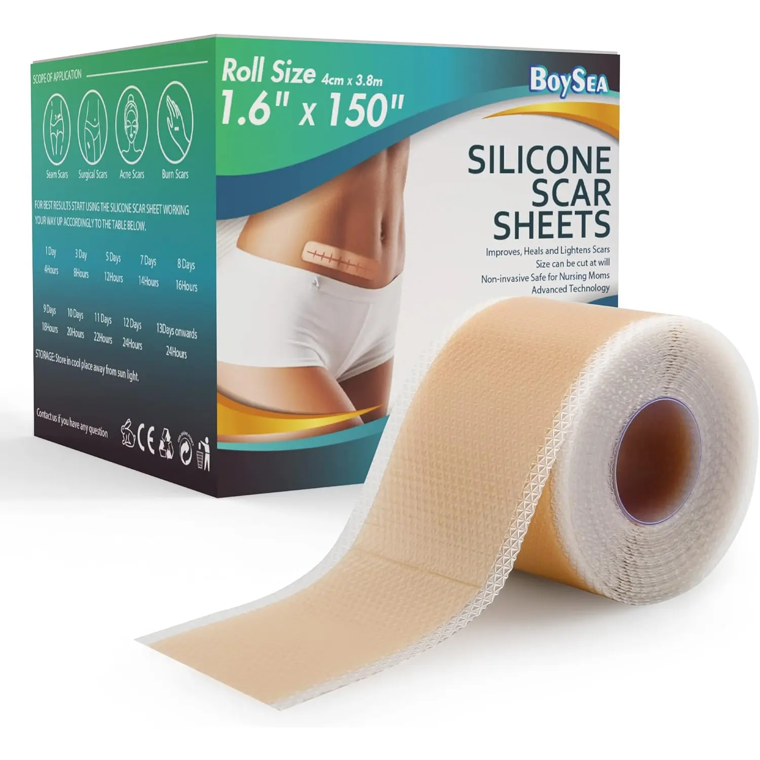 Professional Silicone Scar Sheets (1.6" X 150" Scar Roll-3.8M) - Scars Removal Treatment - Reusable Silicone Scar Tape Strips Type for Keloid, C-Section, Surgery, Burn, Acne Et Boysea