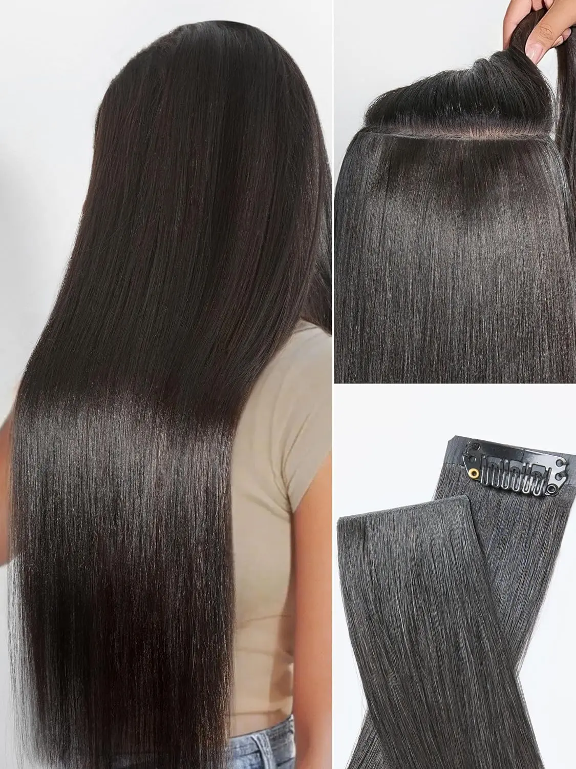 GK Clip in Brazilian Human Hair Extensions Straight 120g, 16 Inch Jet Black, 8Pcs with Strong Clips, Soft & Thick, Vacation Ready