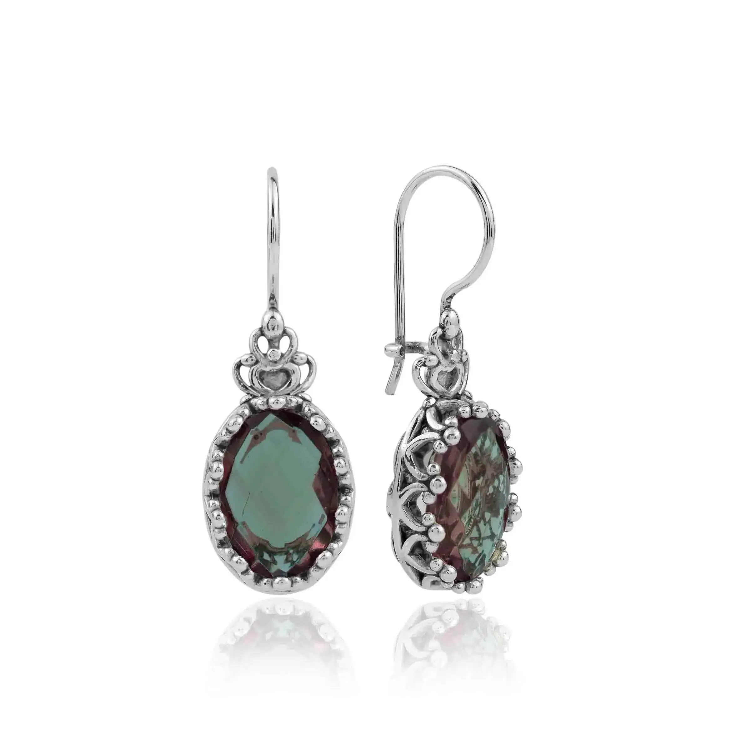 Filigree Art Alexandrite Gemstone Crown Figured Women Silver Oval Drop Earrings