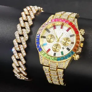 Export: women’s watch with steel strap and rhinestone accents, three-eye design and calendar; men’s watch with fully diamond-studded dial and calendar; new model calendar watch.