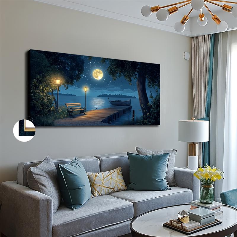 Wooden Framed Canvas Painting Large-sized framed canvas wall art, real and peaceful ship shore landscape painting, living room, bedroom, office, wedding and event decoration ocean-themed hanging painting, Wrapped in canvas