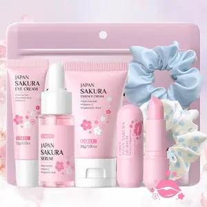 Laikou Sakura Facial Lip Care Set, 6 Counts/Set Including Serum 17ml & Eye Cream 15g & Moisturizer 30g & Lip Balm 3.5gx2, Cosmetic Mirror, Pink Hairband, Hairpin Suit, Hair Band, ,Best Gift