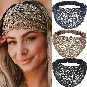 3 random color women's elastic lace headbands, bead rhinestone hollow lace headbands, loose lace headbands, bohemian style lace hair accessories, suitable for those with poor hair, summer hollow lace headbands