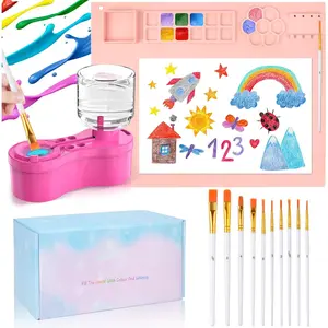 Painting Station, Paint Brush Cleaner and Silicone Art Mat 20"X16" with 10 Paint Brushes, Paint Brush Rinser, Art Supplies Set (Pink)