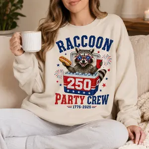 Patriotic Raccoon Party Crew Shirt, Funny Cooler America 250 Tshirt, USA 250 Years of Freedom Shirt, 1776-2026 Shirt, 4th of July Tshirt, Semiquincentennial Tee, Fourth of July Gift