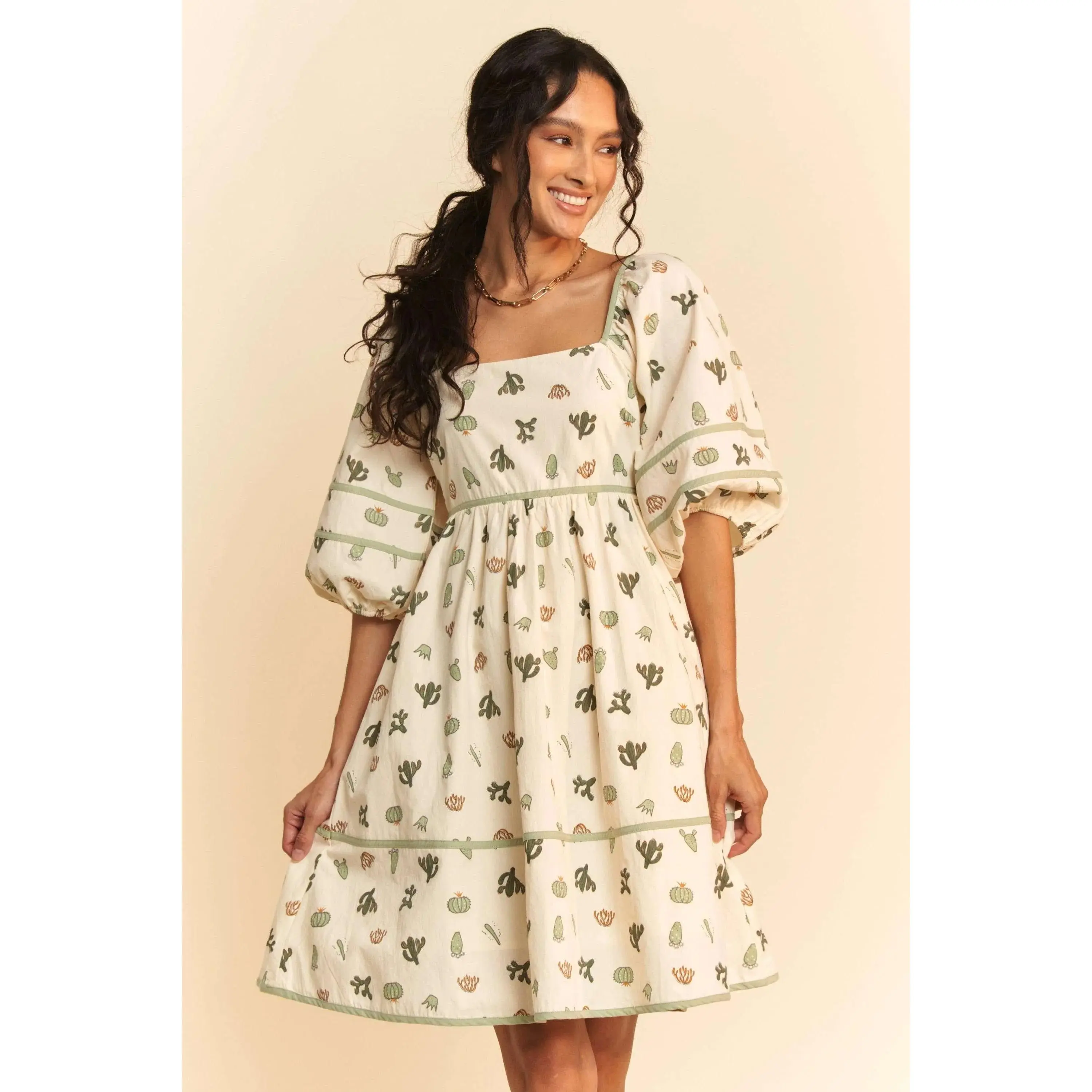 Davi & Dani Cactus Printed Poplin Contrast Piping Mini Dress