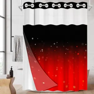 1pc hookless shower curtain with buckle lining, red and black gradient polka dot design, 2D flat printing, waterproof fabric lining, see-through double-layer shower curtain, 71 x 74 inches, modern home draping curtain.