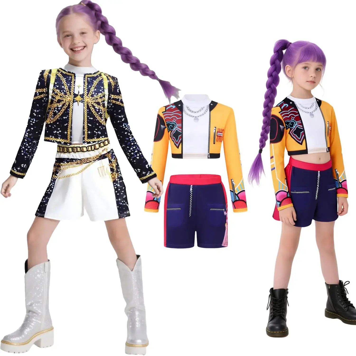 Girls Pop Star Style 3PCS Halloween Costume Set, 3D Printed Crop Top Jacket and Shorts, Girls Role Play Stage Performance Outfit