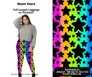 Women's Geometric Rainbow Neon Stars Full-Length Leggings with Pockets - Essential Womenswear Bottoms
