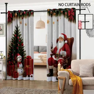 2-piece Christmas-themed curtains, including Santa Claus, Christmas tree, snowman, red bow elements, perforated curtains, suitable for machine washable decorative curtains in living rooms, bedrooms, kitchens, etc. Window Curtain