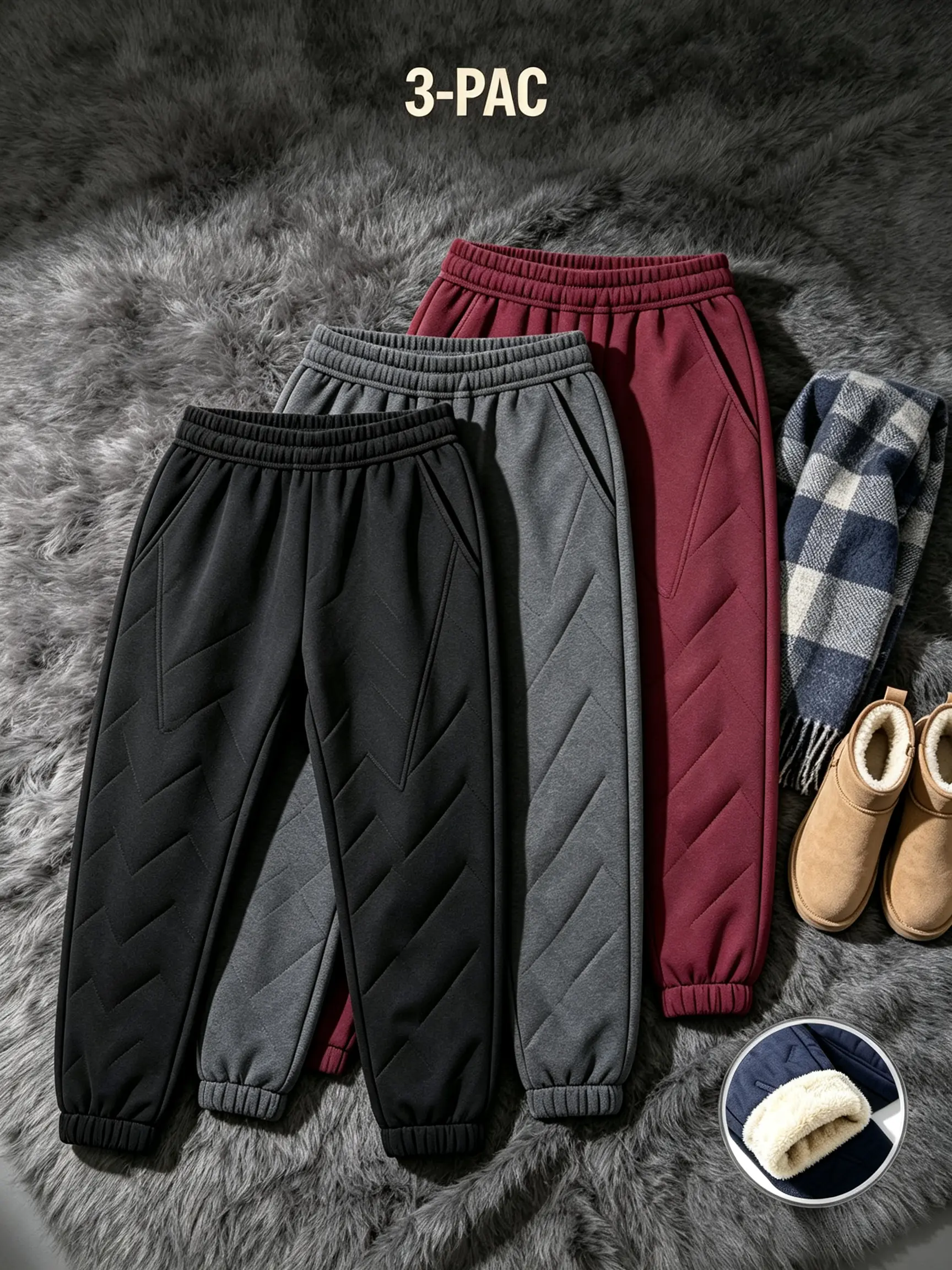 Men’s Winter 3-Piece Thick Fleece Drawstring Pants Set - Elastic Waist, Zippered Pockets, Windproof Cold-Resistant Outdoor Casual Joggers