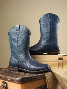 Men's Over-The-Knee Boots, Business Casual, Unique Ostrich Pattern, Round Toe, Low Heel, Rubber Sole, Ideal for Business Meetings