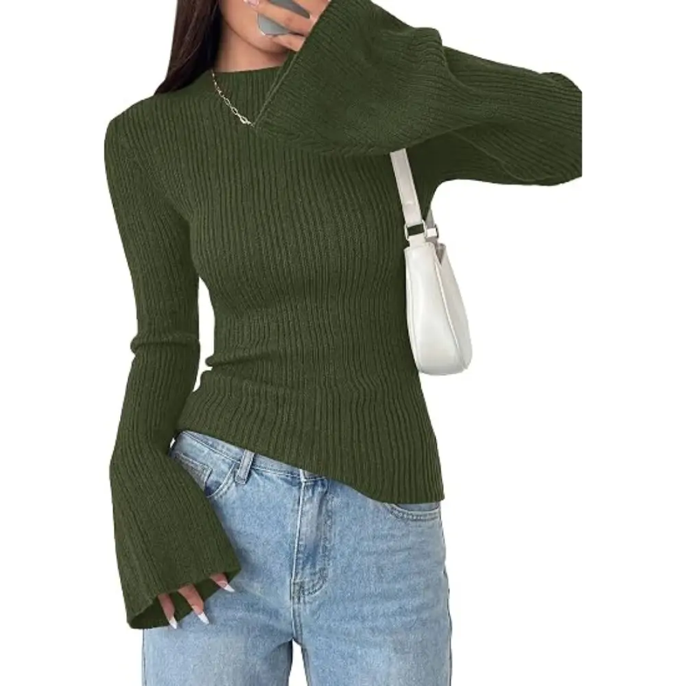 PRETTYGARDEN Women's Lightweight Mock Neck Sweaters | Bell Long Sleeve Tops, Slim Fitted Pullover, Soft Ribbed Knit, Going Out Outfits, Fall Winter Layering, Fashion Clothing