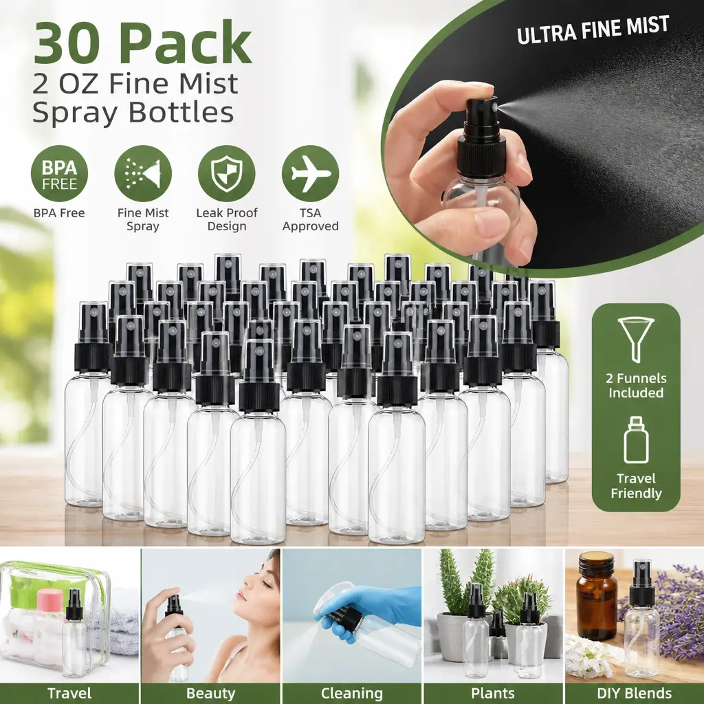 30pcs 2 oz Clear Empty Fine Mist Spray Bottles - TSA Approved Refillable Reusable Travel Bottles with Pump Cap for Essential Oils, Perfumes - Kitchen Specialty Utensil Accessory