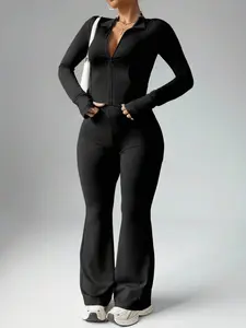 Rhythm Era 1pc Women Plus Size Princess Seam Zip-Up Jacket With Thumb Hole And High Waist Flared Pants 2 Pieces Set, Casual For All Seasons Workout Women Sets Katseye
