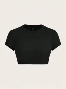 Solid Color Round Neck Short Sleeve Cropped Fitted T-Shirt For Women, Summer Suitable For Going Out