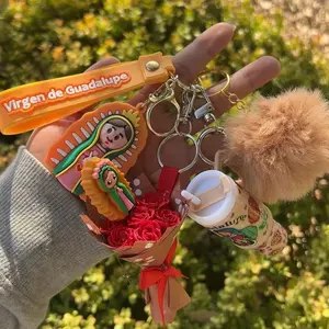 Virgin de Guadalupe mini rose bouquet keychain set