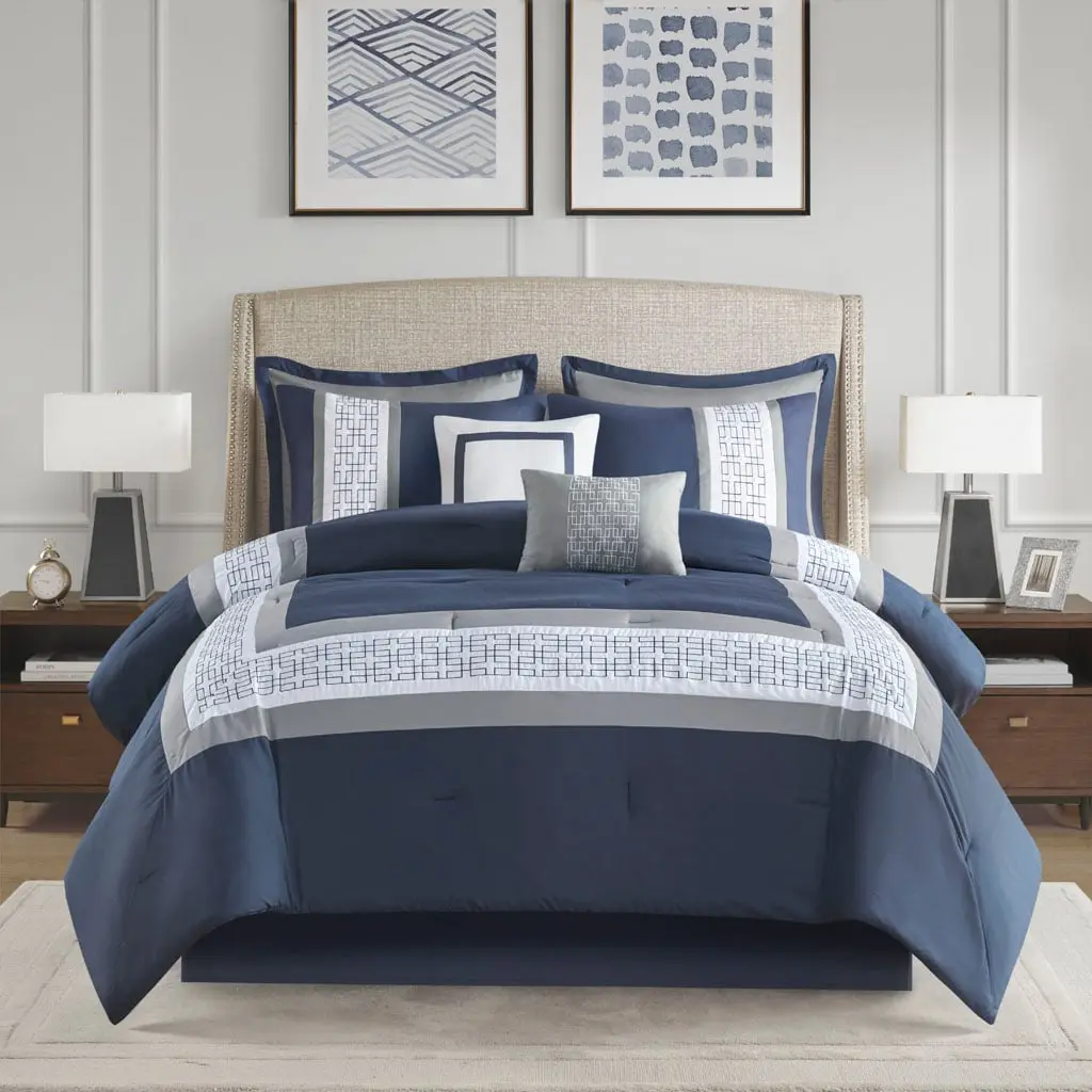 360 Stand 510 Design 5DS10-0279 Powell Embroidered Comforter Set, 8-Piece California King Bed Set, 104x92x1.5in Navy, Hotel Style, Hypoallergenic Fill, Modern Contemporary, Eight Pieces