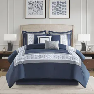 360 Stand 510 Design 5DS10-0279 Powell Embroidered Comforter Set, 8-Piece California King Bed Set, 104x92x1.5in Navy, Hotel Style, Hypoallergenic Fill, Modern Contemporary, Eight Pieces