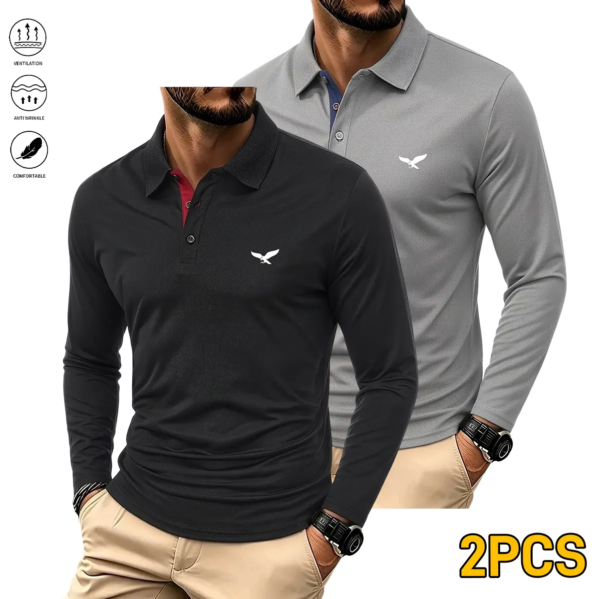 Men’s 2-piece polo shirt set with a printed pattern, button-front placket, and collar; suitable for golf, everyday casual wear, fishing, and camping.