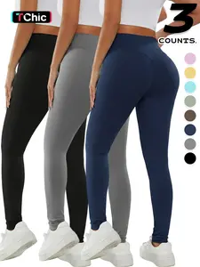 3-Pack Women's Solid High-Waisted Butt-Lifting Yoga Pants, Tight-Fit Sportswear for Summer, Ankle-Length Mid-Waist Leggings
