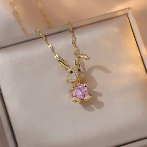2PCS Cute Bunny Necklaces for Women, Sweet Rabbit Zircon Light Luxury New Design Sparkling Pendant, Elegant Titanium Steel Necklace
