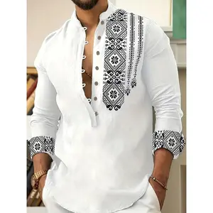 Men's Ethnic Style Geometric Print Stand Collar Long Sleeve Deep Henley Neck Shirt, Breathable And Comfy Casual Top For Daily Wear