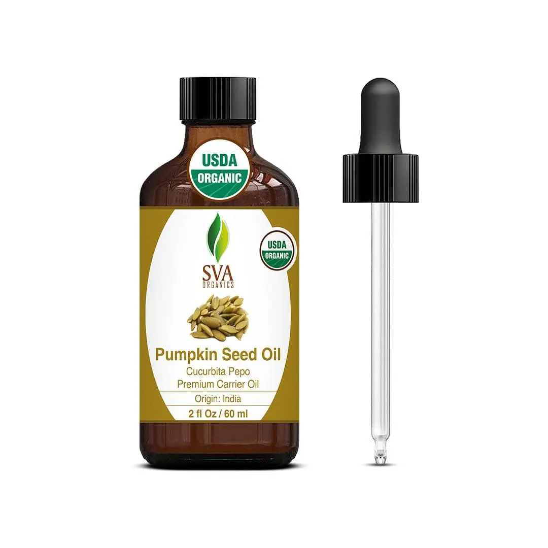 SVA Organic Cold Pressed Pumpkin Seed Oil - 2 Fl Oz Liquid with Dropper, Chemical-Free Essential Oil for Normal Skin, Face/Scalp, Direct Application Body Care, Moisturizing