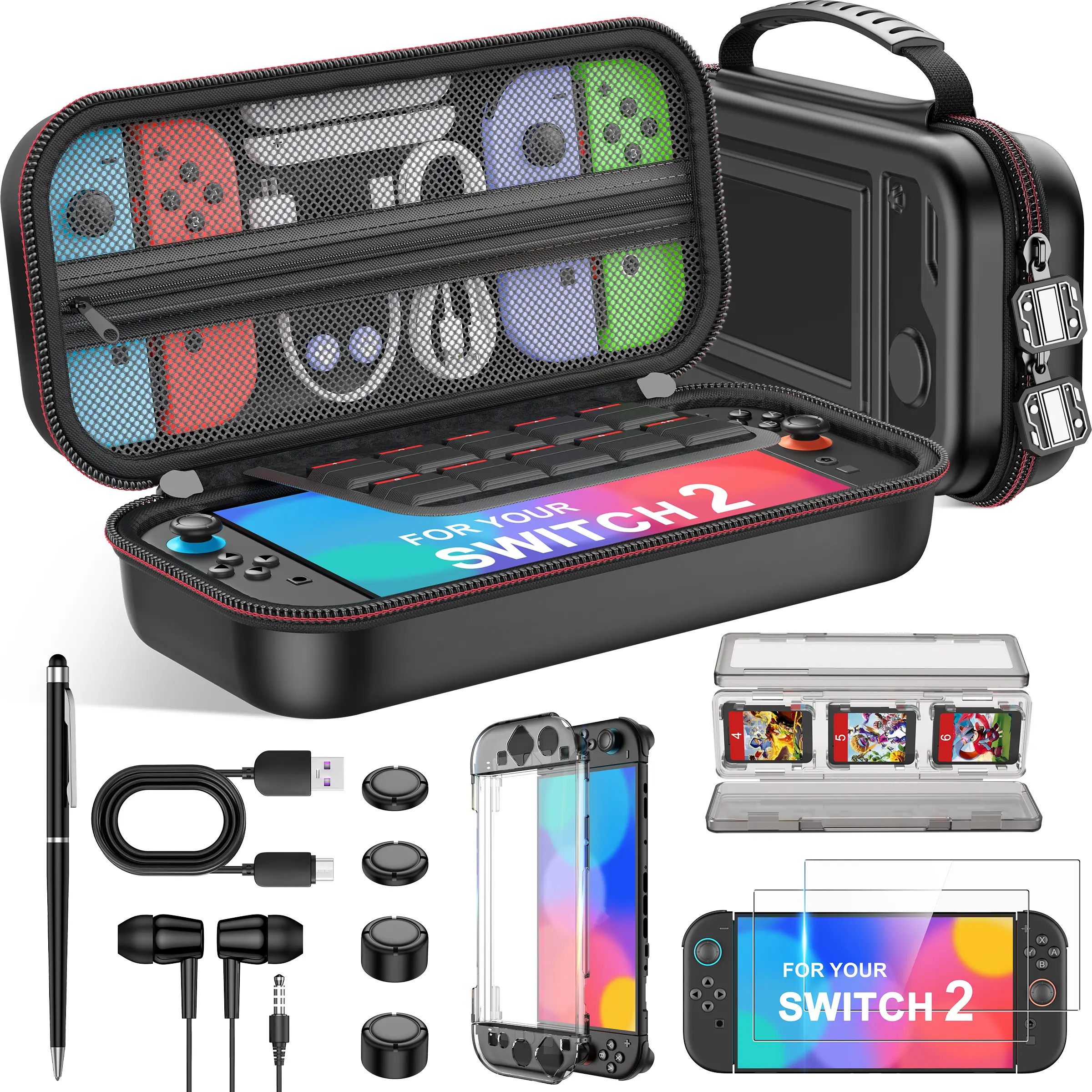 for Nintendo Switch 2 (2025)/Switch/OLED Accessories Suit storage bag, 8-in-1 Bundle Kit for SWitch 2, 3 Transparent Protective Cover+2 Screen Protectors+4 Thumb Caps+Wired Earbuds+Stylus+Card Holder+USB Cable,easy to carry and store