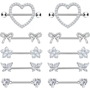 Nipple Rings - Surgical Stainless Steel Gold Silver Pink Blue Purple CZ Heart Butterfly Flower Bow Jewelry - 14 Gauge Nipple Bars and Barbells