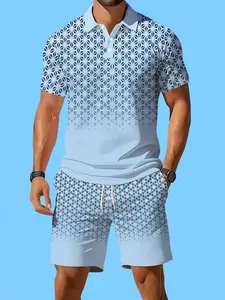 Men's Summer Geometric Pattern Short Sleeve Polo Set, Casual Shorts Two-Piece, Slim-Fitting Above Knee Length