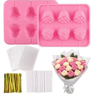 Rose Flower Lollipop Mold 2-Pack 3D Rose Cake Pop Mold Silicone Flower Chocolate Candy Ice Cube Moulds with 300pcs Bags and Stick Great for Valentine's Day, Birthdays, Baking Supplies