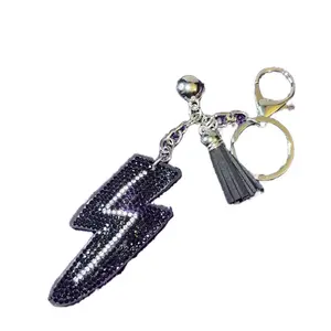 Sparkly Look Lightning Bolt Shape Tassel Charm Keychain - Silver Tone, Black Crystal Accents, Durable Keyring for Bags, Keys